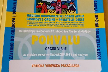 Općina Virje dobila Pohvalu Saveza društava Naša djeca za Naj-akciju 2019. – našu Vrtićku virovsku prkačijadu