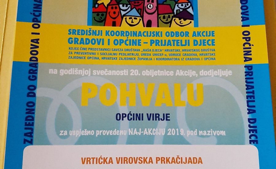 Općina Virje dobila Pohvalu Saveza društava Naša djeca za Naj-akciju 2019. – našu Vrtićku virovsku prkačijadu